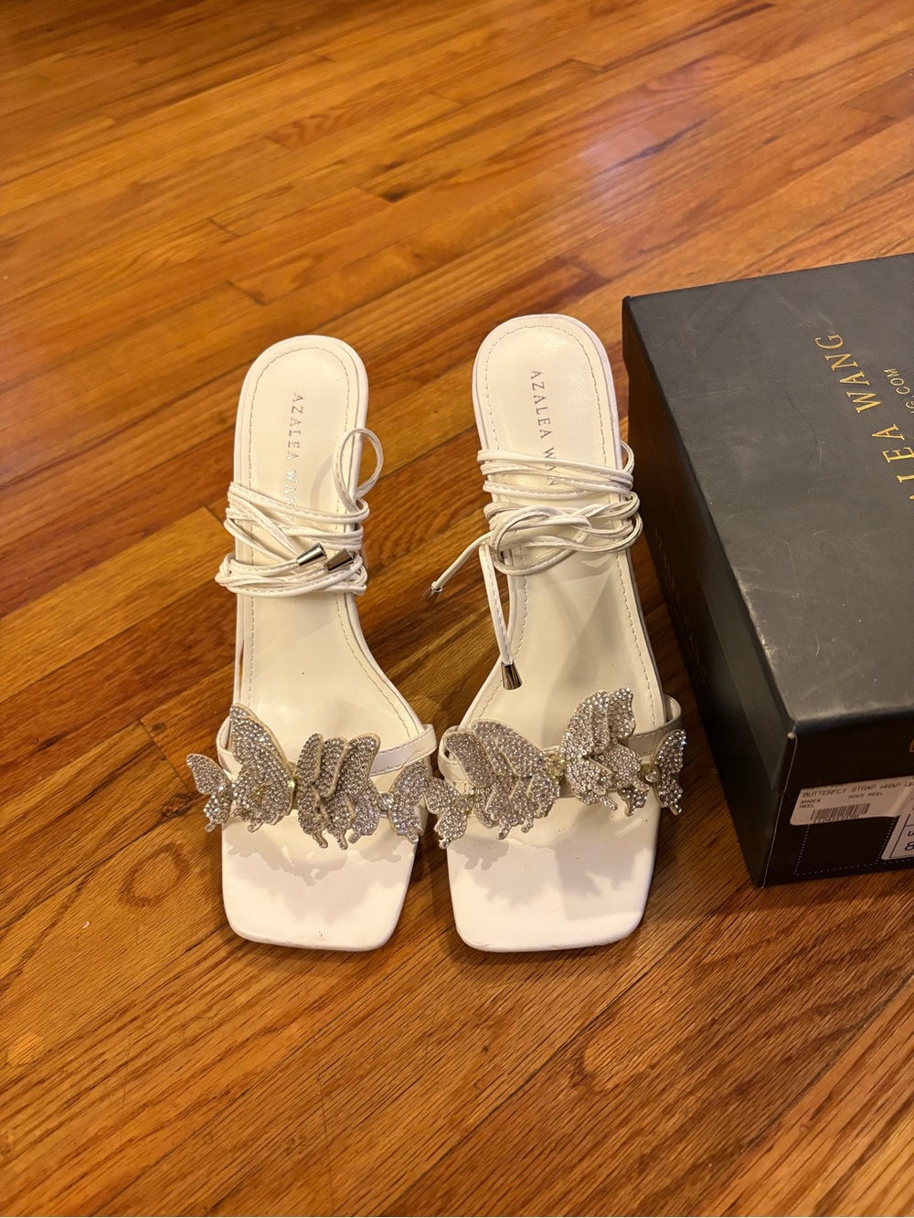 White Embellished Butterfly Strap Heeled Sandals by Azalea Wang